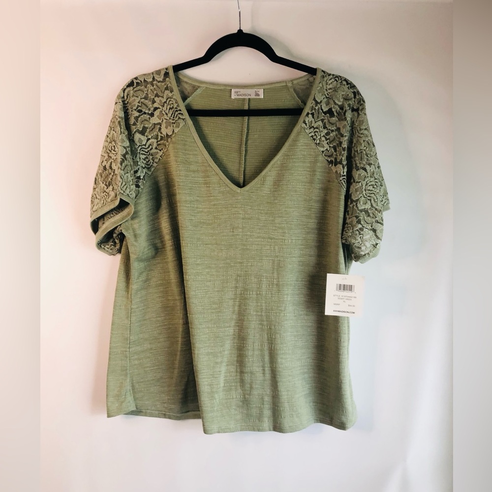 Lace Sleeve T Shirt XL Desert Green V Neck